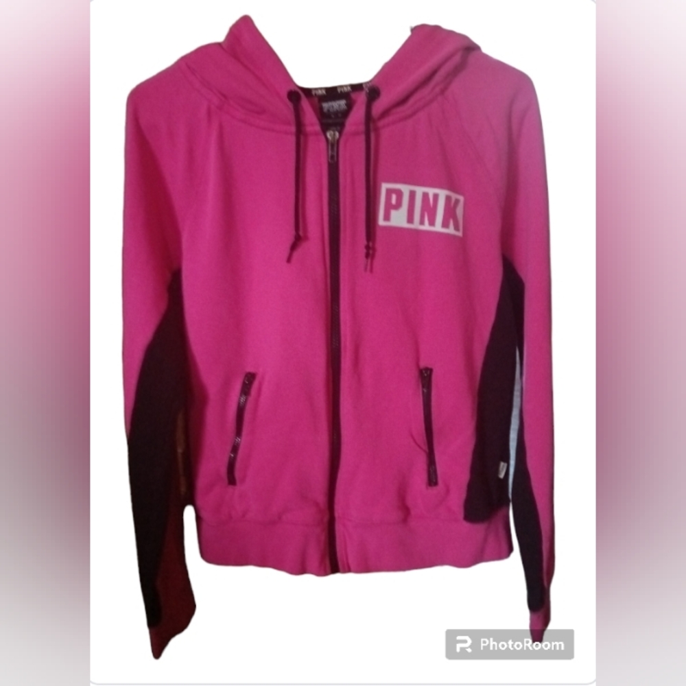 PINK VS Full Zip Up Colorblock Hoodie Hot Pink, Black & White - Picture 3 of 6